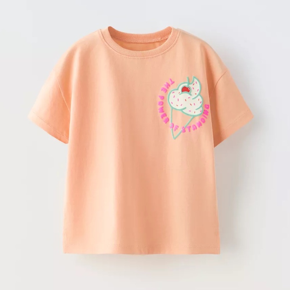 Zara Peach Short-Sleeve Tee with Ice Cream Heart Graphic